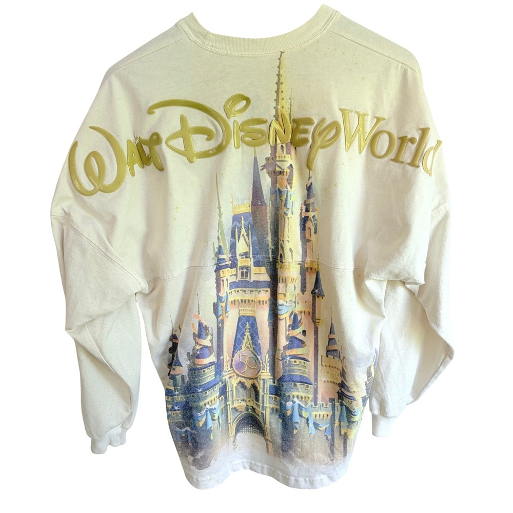 Disney Spirit Jersey Small 50th Anniversary Cream Cinderella Castle Gold Puff